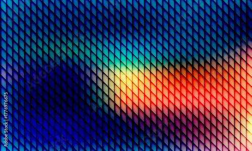 Abstract glass ripple texture pattern halftone symmetry with blue gradient background and vivid orange, blue, and lilac light streaks. Futuristic, moody abstract glow, reeded rectangle blur. Vector