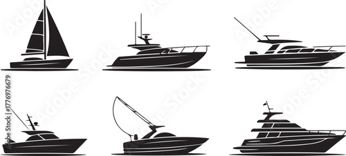 Assorted Boat Yacht and Sailboat Black Silhouette Vector Set