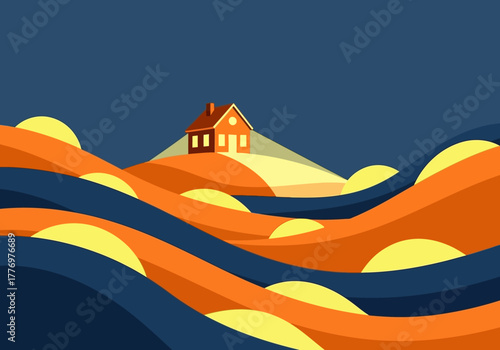 Stylized layered landscape with a glowing house on a hill at night