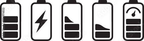 Battery Charge Level and Status Black Silhouette Vector Icon Set