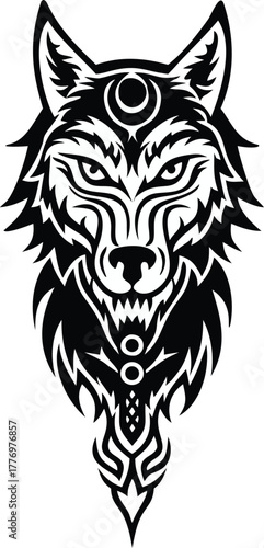 Stylized black wolf face tattoo on a white background, with intricate tribal patterns and a crescent moon on the forehead symbolizing mystery.