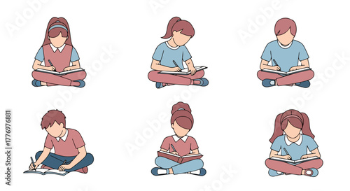 Diverse Children Studying and Learning Together Illustration of School Kids Reading Books and Writing Notes