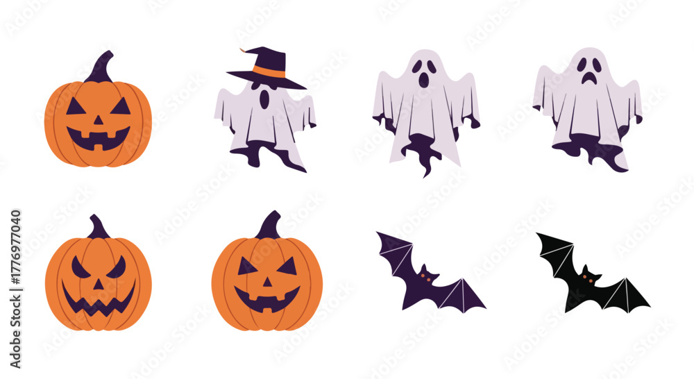 Fototapeta premium Vibrant Halloween Icons Jack o Lanterns Ghosts and Bats for Spooky Season Graphics Decorations