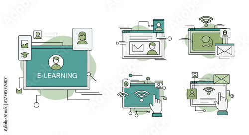 E learning digital education online courses internet training remote studying modern technology icons collection