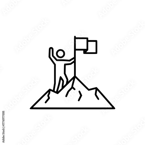 Person Reaching Goal on Mountain Top with Flag.