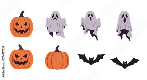 Spooky Halloween Icons Ghosts Pumpkins and Bats Vector Graphics for Festive Designs