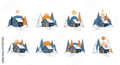Cozy Winter Cabin Lodge Collection Charming Snow Covered Houses in a Forest Landscape with Warm Evening Light