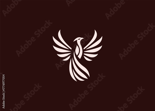 A stylized phoenix logo in fine line art, depicting rising wings and rebirth energy, combining symmetry and flow for a creative modern vector illustration concept