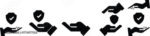 Insurance Hand Protection Concept Icon set symbolism of trust, care, and financial safety. This premium minimal vector shows a stylized human hand gently holding a shield, support, and reliability.