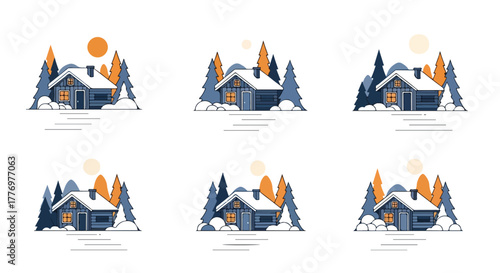 Cozy Winter Cabin in Snowy Forest with Warm Light Glowing from Windows Set of 6 Variations