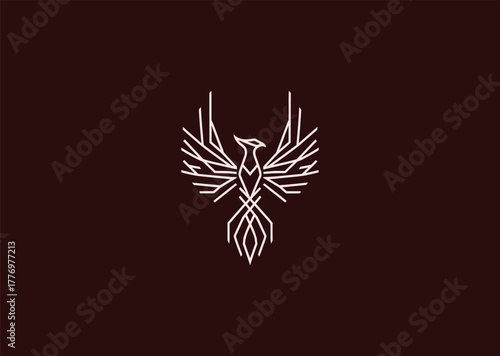 A stylized phoenix logo in fine line art, depicting rising wings and rebirth energy, combining symmetry and flow for a creative modern vector illustration concept