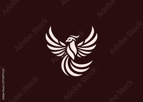 A stylized phoenix logo in fine line art, depicting rising wings and rebirth energy, combining symmetry and flow for a creative modern vector illustration concept