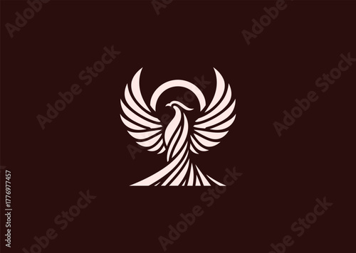 A stylized phoenix logo in fine line art, depicting rising wings and rebirth energy, combining symmetry and flow for a creative modern vector illustration concept