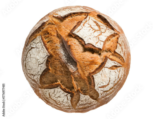 artisan sourdough bread loaf on white background, top view.
