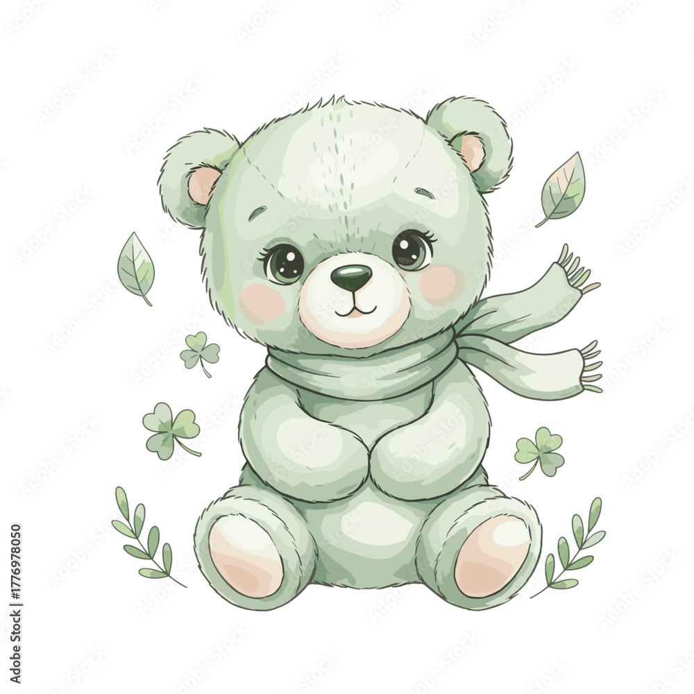 Fototapeta premium Teddy Bear Green Clipa whimsical, ultra-detailed watercolor illustration of an adorable baby teddy bear in soft shades of green, sitting cutely with plump round paws and a tiny fluttering green scarf 