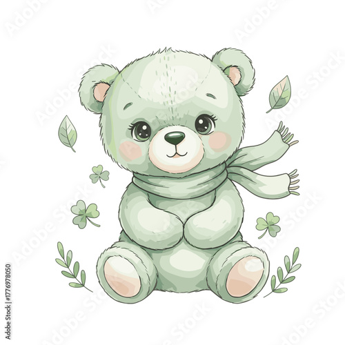 Teddy Bear Green Clipa whimsical, ultra-detailed watercolor illustration of an adorable baby teddy bear in soft shades of green, sitting cutely with plump round paws and a tiny fluttering green scarf 