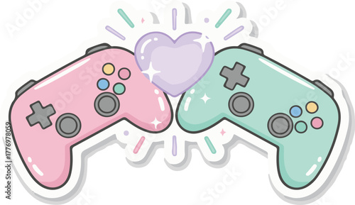 Cute Gaming Controllers Sticker with Heart in Pastel Colors