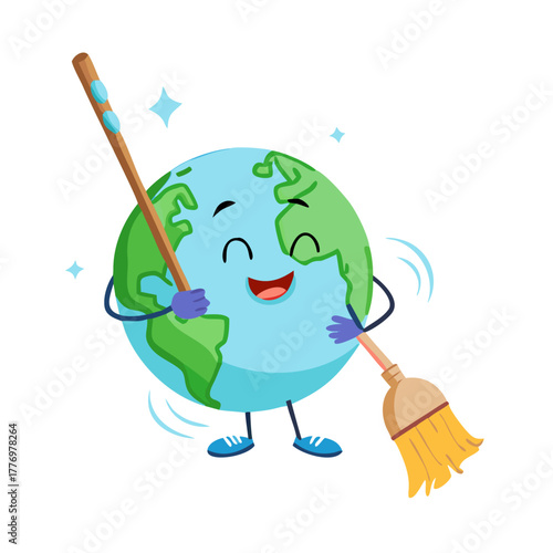 Cheerful Earth Character Sweeping with Broom: A Cartoon Illustration for Environmental Awareness
