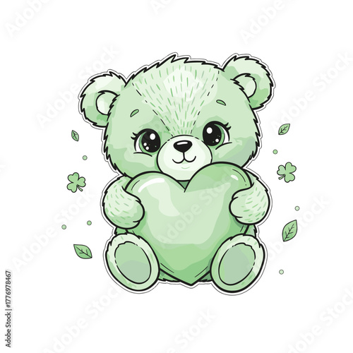 Teddy Bear Green Clipart SVG  whimsical, ultra-detailed watercolor illustration of an adorable baby teddy bear in soft green shades, hugging a big, plump green heart.