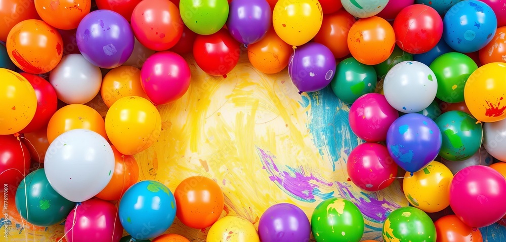 Fototapeta premium Vibrant painted balloons forming abstract backdrop, balloon texture, pattern
