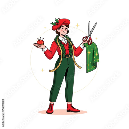 Christmas Tailor Holding Scissors and Fabric – Festive Holiday Sewing Illustration
