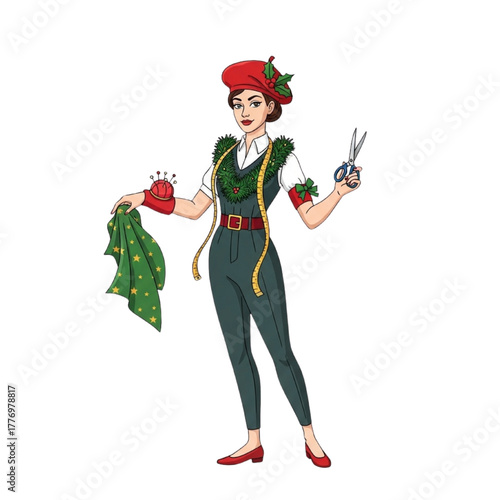 Cartoon Christmas Fashion Designer Holding Scissors and Starry Fabric Vector Illustration