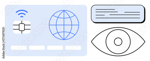 Smart card with chip and wireless icon, globe representing global connectivity, eye as a symbol of security. Ideal for privacy, cybersecurity, online transactions, data protection, surveillance
