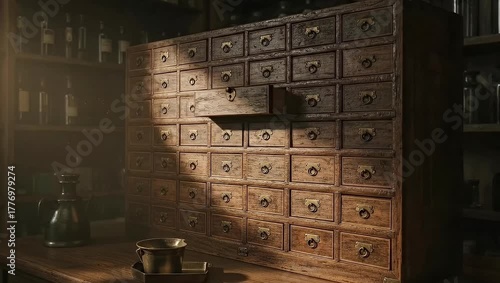 Antique Apothecary Cabinet with Open Drawer and Brass Measuring Cup in Dimly Lit Room
