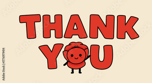Thank You Message with Cute Flower Character and Red Text.