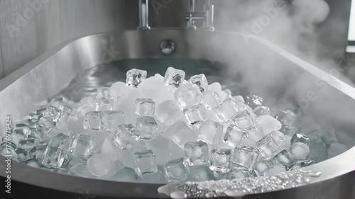 Stainless Steel Bathtub Filled With Ice Cubes and Water Vapor on a Gray Tile Background in Natural Lighting and Shiny Metallic Faucet for Recovery