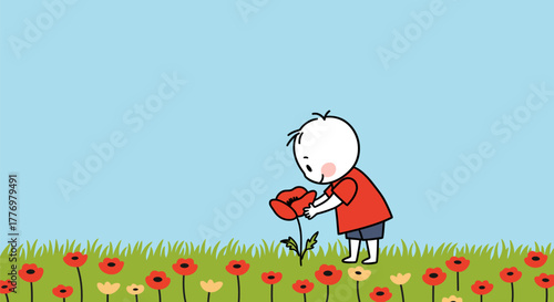 Young child carefully tending to a vibrant red flower in a sunny field.