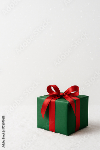 Snowy Christmas Elegance: Green Gift Box with Red Ribbon. The glossy textures and soft lighting evoke warmth, surprise, and seasonal cheer, ideal for Christmas cards, promotions.