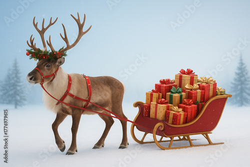 A majestic reindeer with holly crown pulls a red sleigh overflowing with colorful wrapped gifts in vibrant reds and golds. Set against a snowy winter landscape.