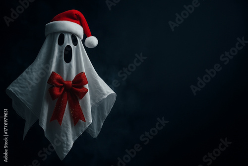 A playful ghost crafted from flowing white sheet haunts with wide black eyes and open mouth, topped by fluffy red Santa hat with white pom-pom and tied with shimmering red bow.