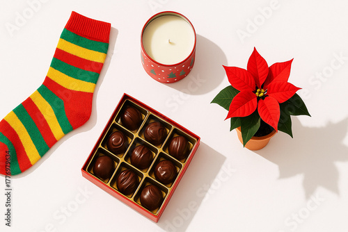 Cozy holiday essentials on white: vibrant red green yellow striped sock for gifts, elegant red candle dotted with tiny trees and white wax, luxurious gold edged chocolate truffles in square box.