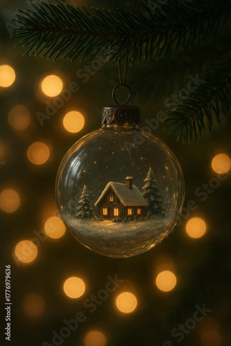 A delicate glass Christmas ornament captures a winter wonderland inside: a cozy cabin with glowing windows, snow-dusted pine trees, and soft falling snow under starry skies.