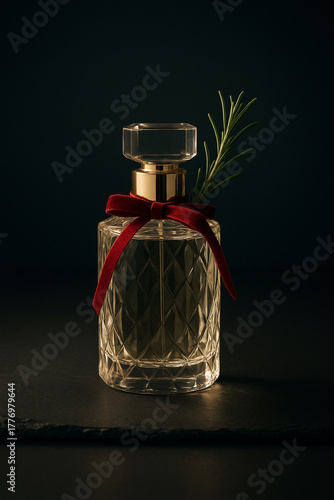 Luxurious Perfume in Festive Elegance. Perched on sleek black slate against a velvety dark backdrop.