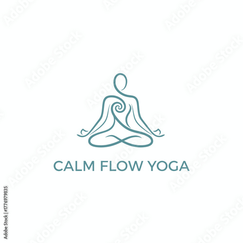 Stylized image of a person in the lotus position with text below, teal on white