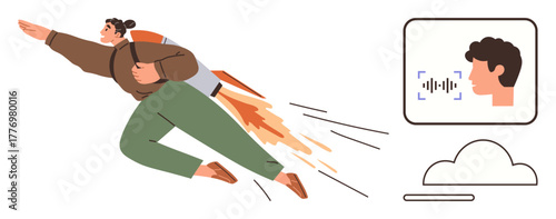 Man with rocket backpack soaring forward, AI-powered face recognition element, cloud storage interface. Ideal for innovation, AI, progress, data security, speed, technology futuristic thinking