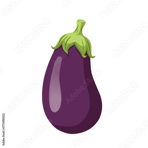 Vector illustration of fresh purple eggplant with green stem, representing organic vegetable, healthy food, natural ingredient, and farm produce concept