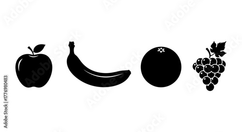 Assorted Fruit Black and White Silhouettes featuring Apple Banana Orange and Grapes