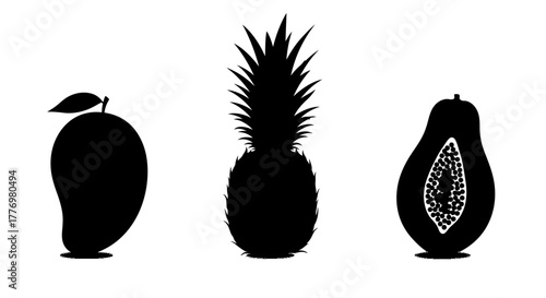 Tropical Fruit Silhouettes Mango Pineapple and Papaya Isolated on White