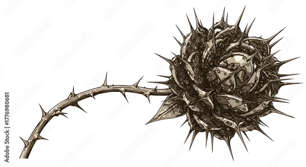 Obraz premium Stylized monochrome illustration shows a fantastical thorned metallic flower on white.