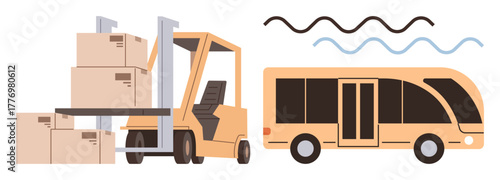 Forklift lifting stacked boxes near a delivery truck, smooth lines above indicating motion, efficiency. Ideal for delivery, transportation, logistics, supply chain, shipping, warehouse movement