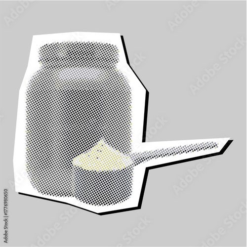 Protein whey halftone dotted collage element pointillize in paper torn vector. Textured graphic for fitness, nutrition, and gym supplement themes.