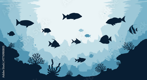 Underwater Aquatic World With Fish Silhouette Vector