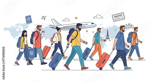 Traveling people with luggage walk past landmarks against a world map backdrop