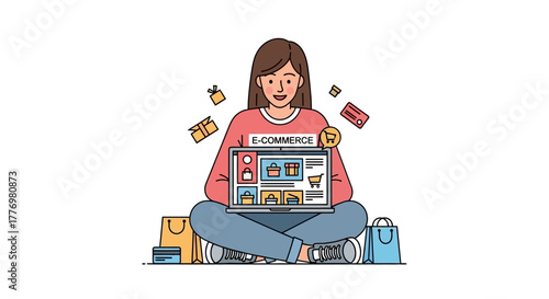 Woman crosslegged with laptop showing ecommerce site shopping bags  parcels surround her