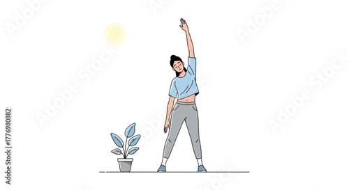 Woman in gray pants  blue shirt does a stretching exercise beside a potted plant under the sun