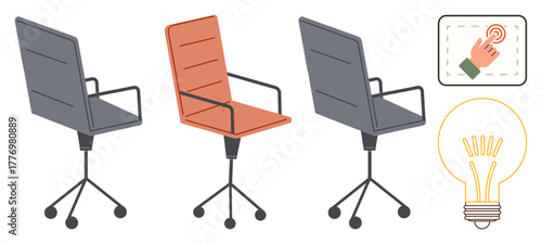 Three modern swivel office chairs, one highlighted, alongside a glowing lightbulb and a click icon. Ideal for innovation, workplace selection, teamwork, productivity, creativity, brainstorming